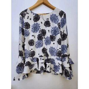 Women's Blue Floral Ruffle 100% Polyester Business Casual Top Size Large